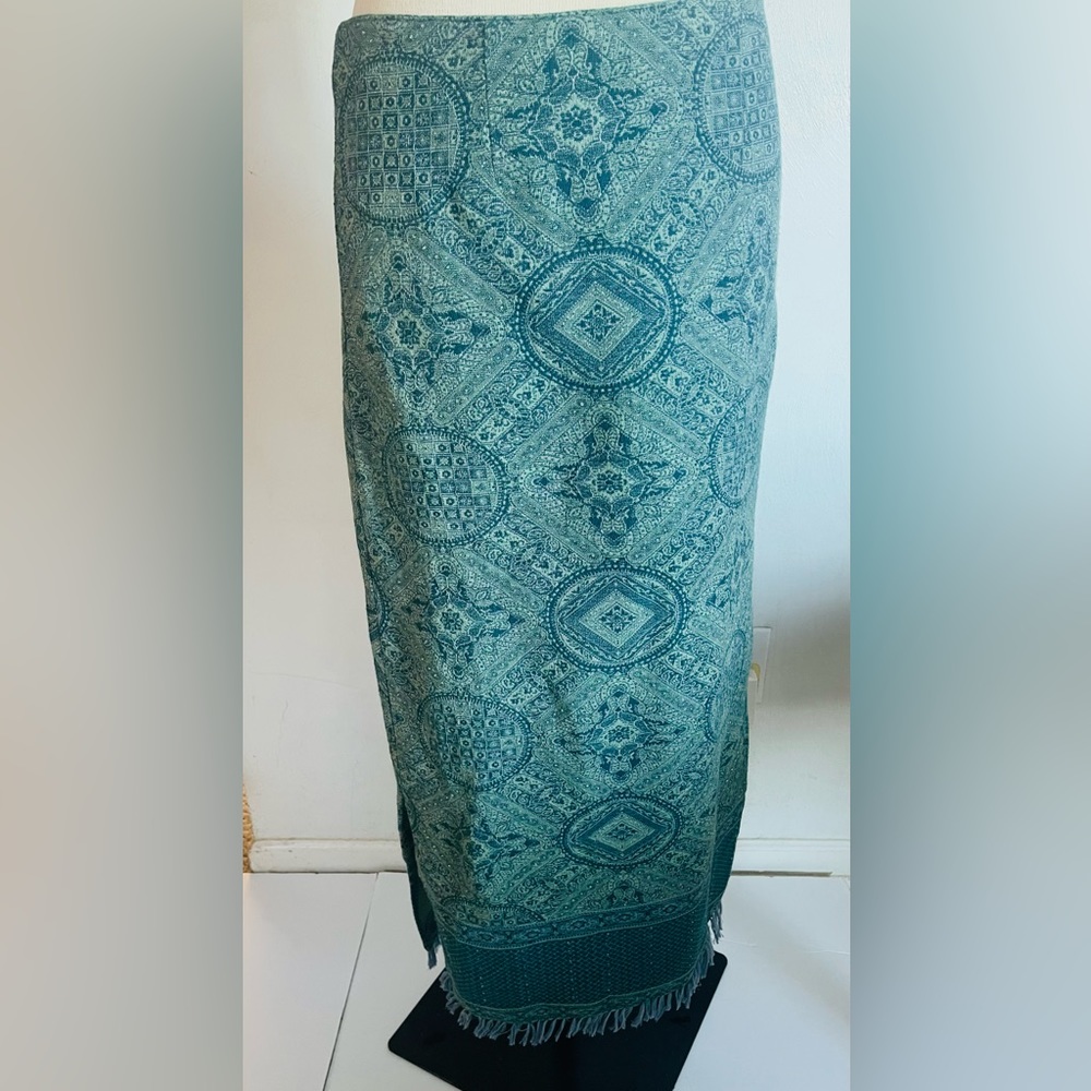 White Stag Boho Tapestry Midi Skirt Woman Green Fringe Beaded